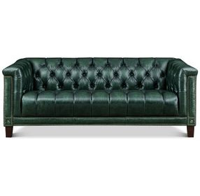 Picavel Green Leather 84" Sofa with Nailhead Trim