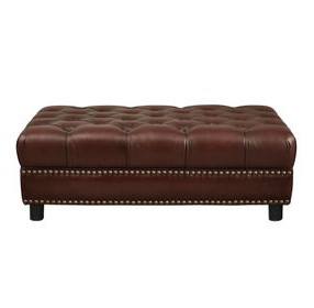 Alwick Caramel Leather Upholstered Rectangular Ottoman with Nailhead Trim