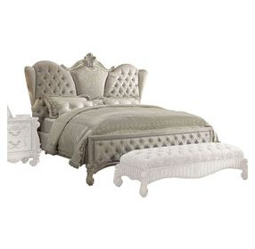 Versailles Ivory and Bone White King Upholstered Panel Bed with Nailhead Trim
