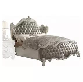 Versailles Vintage Gray and Bone White Queen Upholstered Panel Bed with Nailhead Trim