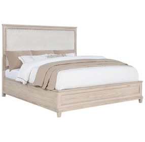 Pembroke Washed Oak and Cream King Upholstered Panel Bed with Nailhead Trim