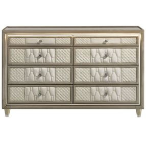 Lorient Ivory Upholstered 8 Drawer Dresser with LED Light