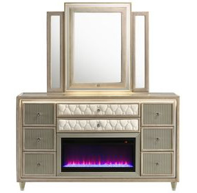 Lorient Ivory Upholstered 8 Drawer Dresser and Mirror with LED Light