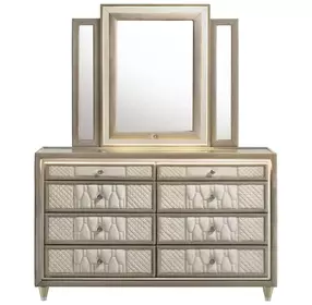 Lorient Ivory Upholstered 8 Drawer Dresser with Mirror and LED Light