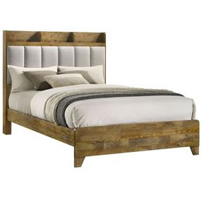 Henderson Medium Oak and Gray King Upholstered Bookcase Panel Bed