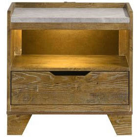 Henderson Medium Oak 1 Drawer Marble Top Nightstand with LED Light and USB Charging