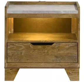 Henderson Medium Oak 1 Drawer Marble Top Nightstand with LED Light and USB Charging