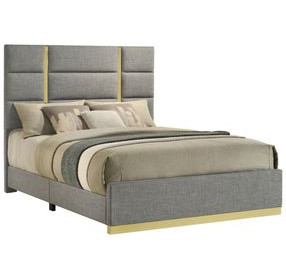 Ines Gray and Gold Queen Upholstered Panel Bed