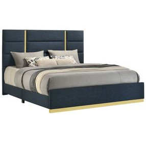 Ines Navy and Gold Queen Upholstered Panel Bed