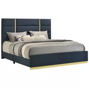 Ines Navy and Gold Queen Upholstered Panel Bed