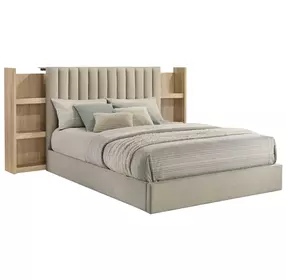 Arielle Light Oak and Light Tan King Upholstered Bookcase Storage Panel Bed
