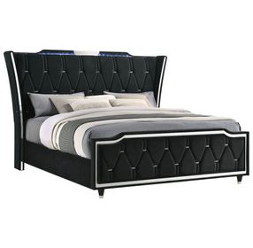 Lorient Black King Upholstered Panel Bed with LED