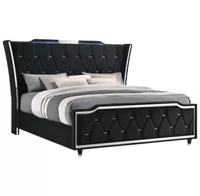 Lorient Black King Upholstered Panel Bed with LED