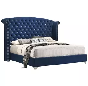 Melody Pacific Blue California King Upholstered Panel Bed with Nailhead Trim