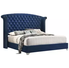 Melody Pacific Blue Queen Upholstered Panel Bed with Nailhead Trim