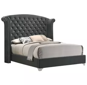 Melody Grey Queen Upholstered Panel Bed with Nailhead Trim