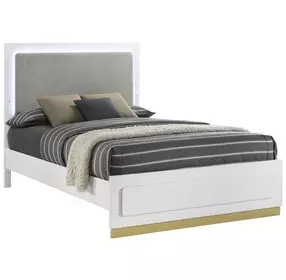 Caraway White and Gray California King Upholstered Panel Bed with LED