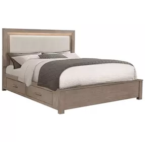 Kenora Barley Brown and Beige California King Upholstered Storage Panel Bed with LED