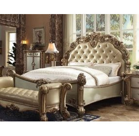 Vendome Brass and Gold Patina California King Upholstered Panel Bed with Nailhead Trim