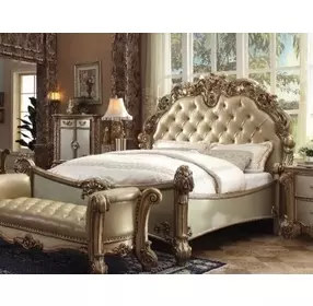 Vendome Brass and Gold Patina California King Upholstered Panel Bed with Nailhead Trim