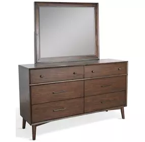 American Modern Walnut 6 Drawer Dresser with Rectangular Mirror