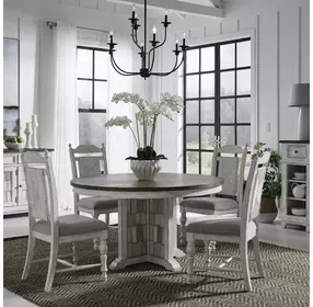 River Place Riverstone White and Tobacco Upholstered 5 Piece Pedestal Base Dining Set
