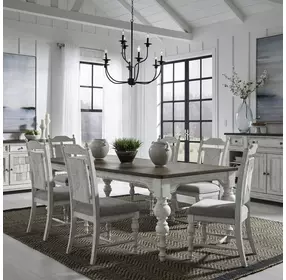 River Place Riverstone White and Tobacco Upholstered 7 Piece Extendable Rectangular Dining Set