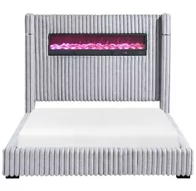 Fitzroy Gray California King Upholstered Low Profile Bed with Electric Fireplace