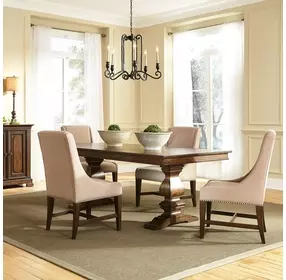 Armand Antique Brownstone and Beige Upholstered 5 Piece Extendable Dining Set with Nailhead Trim