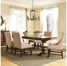 Armand Antique Brownstone and Beige Upholstered 7 Piece Extendable Dining Set with Nailhead Trim