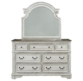 Magnolia Manor Antique White and Weathered Bark 7 Drawer Dresser with Mirror
