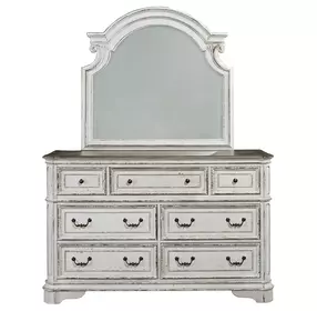 Magnolia Manor Antique White and Weathered Bark 7 Drawer Dresser with Mirror