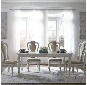 Southern Manor Antique White and Weathered Bark Upholstered 5 Piece Extendable Leg Dining Set