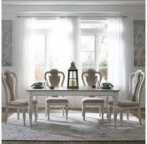 Southern Manor Antique White and Weathered Bark Upholstered 5 Piece Extendable Rectangular Dining Set