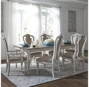 Southern Manor Antique White and Weathered Bark Upholstered 7 Piece Extendable Rectangular Dining Set