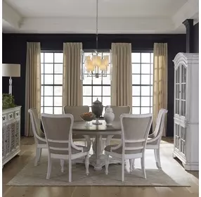 Southern Manor Antique White and Weathered Bark Upholstered 7 Piece Round Pedestal Base Dining Set with Nailhead Trim