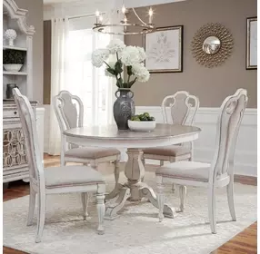 Magnolia Manor Antique White and Weathered Bark Upholstered 5 Piece Extendable Pedestal Base Dining Set