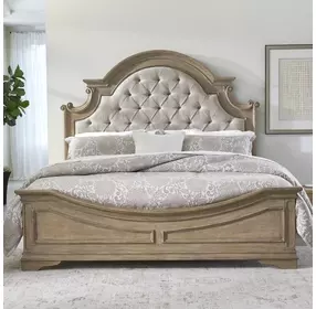 Magnolia Manor Weathered Bisque and Tweed Taupe Mist California King Upholstered Panel Bed