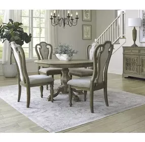 Magnolia Manor Weathered Bisque and Ivory Tweed Upholstered 5 Piece Extendable Pedestal Base Dining Set