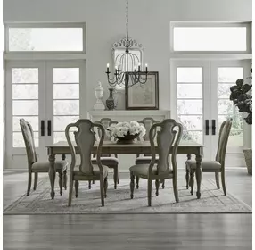 Magnolia Manor Weathered Bisque and Ivory Tweed Upholstered 7 Piece Extendable Rectangular Dining Set