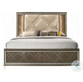 Skylar Synthetic Leather and Dark Champagne Eastern King Upholstered Panel Bed with Storage and LED