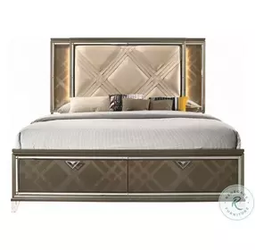 Skylar Synthetic Leather and Dark Champagne Eastern King Upholstered Panel Bed with Storage and LED