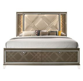 Skylar Beige and Dark Champagne Queen Upholstered Storage Panel Bed with LED