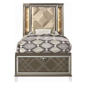 Skylar Beige and Dark Champagne Full Upholstered Storage Panel Bed with LED