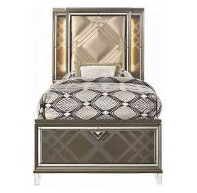 Skylar Beige and Dark Champagne Twin Upholstered Storage Panel Bed with LED