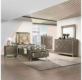 Skylar Beige and Dark Champagne Upholstered Storage Youth Panel Bedroom Set with LED
