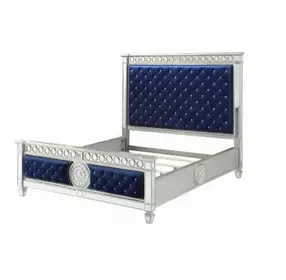 Varian Blue and Silver King Upholstered Panel Bed with Nailhead Trim
