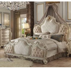 Picardy Beige and Antique Pearl King Upholstered Panel Bed with Nailhead Trim