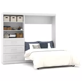 Pur White 95" Full Murphy Bed and Shelving Unit with Drawers