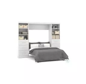 Pur White 109" Full Murphy Bed and 2 Shelving Units with Drawers